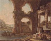 unknow artist An architectural capriccio with washerwomen by a river oil painting artist
